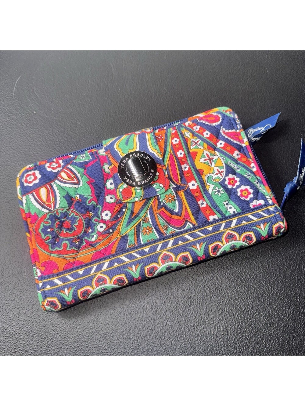 Vera Bradley Wallet Clutch Venecian Paisley Zip Around Blue Pink Floral Cotton - Picture 1 of 16